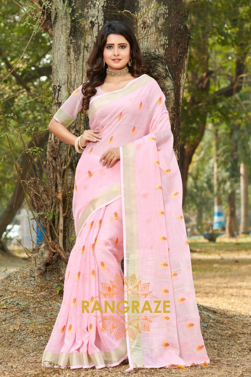 Pink Linen Saree With Siroski Stone Work