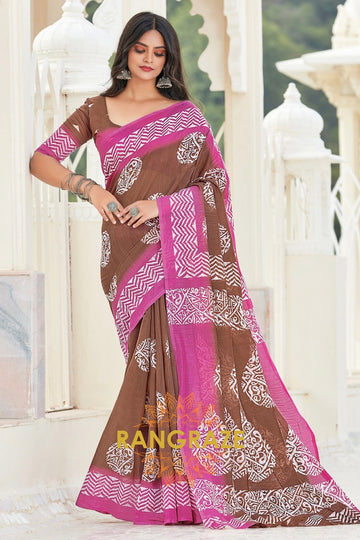 Magical Brown Pure Cotton Digital Printed Saree