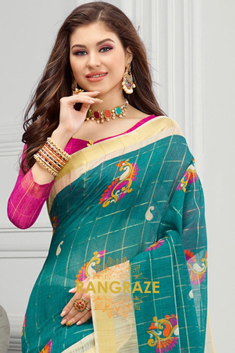 Turquoise Blue Pure Cotton Digital Printed Saree