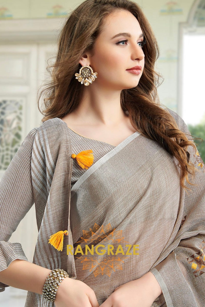 Brownish Beige Pure Linen Embroidery Handloom Saree