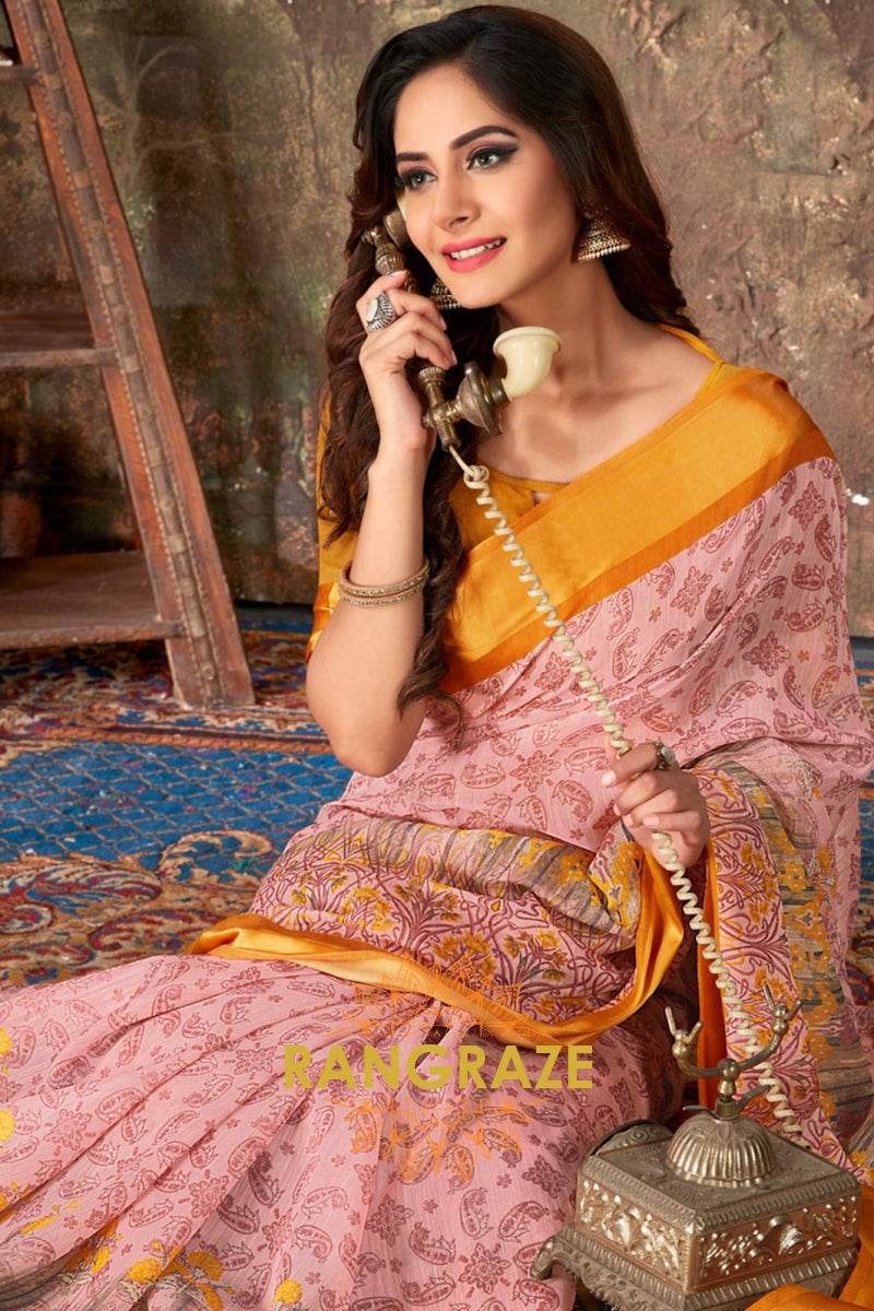 Peachy Pink Pure Cotton Woven Work Saree