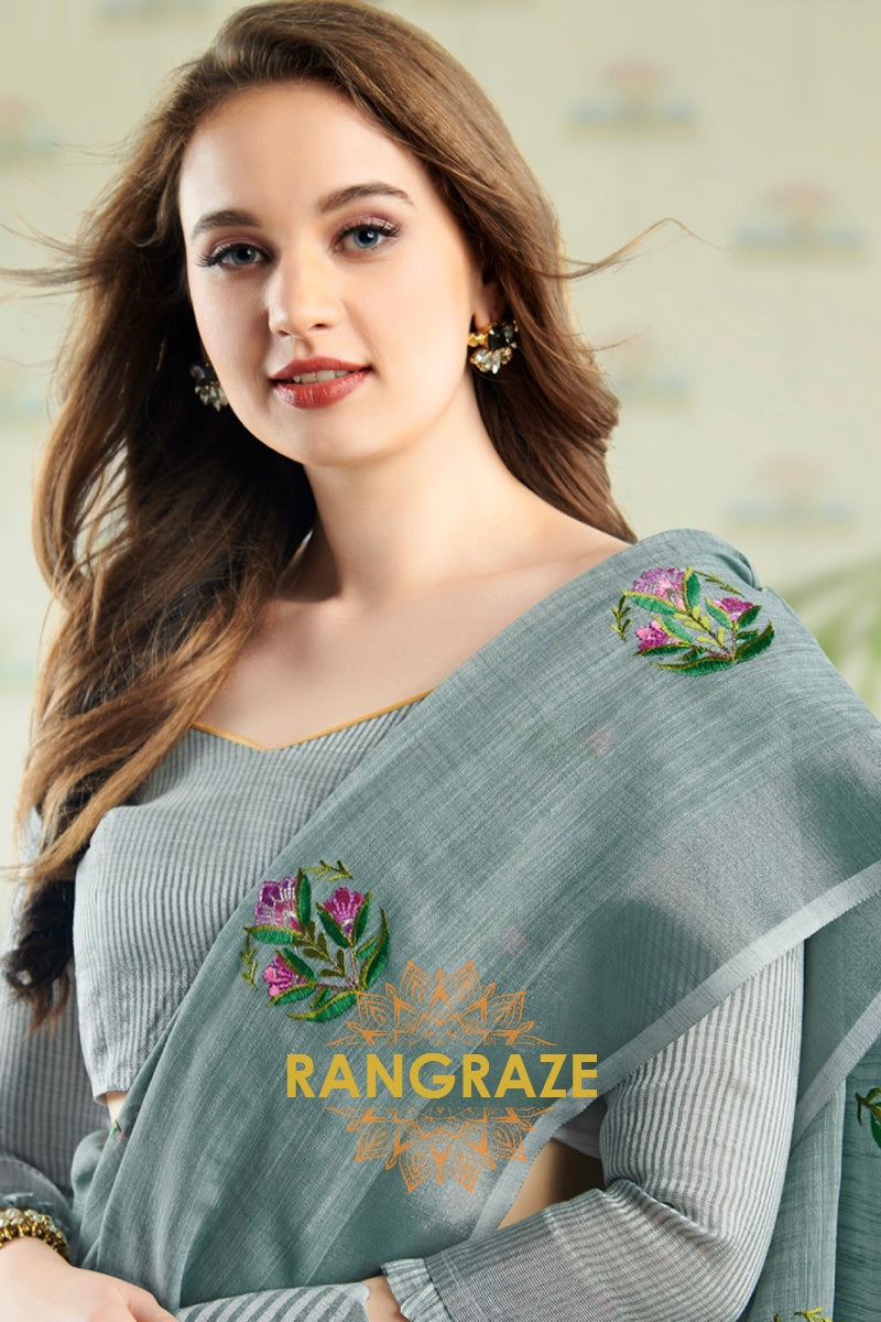 Charcoal Grey Pure Linen Embroidery Handloom Saree