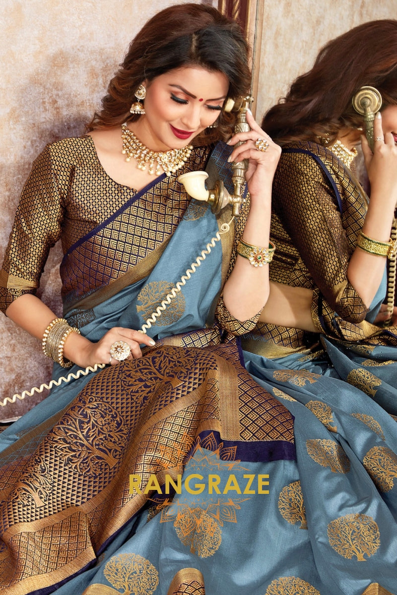 Golden Blue Silk Saree With Heavy Zari Work