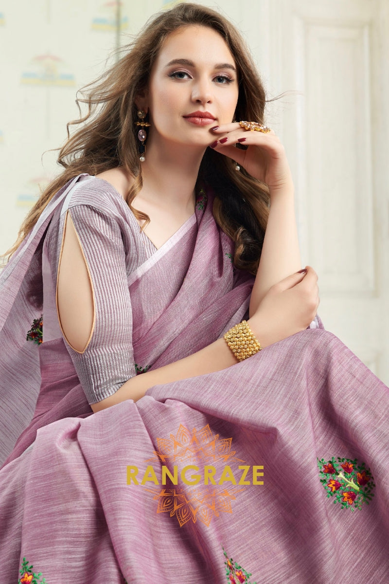 Rose Pink Pure Linen Embroidery Handloom Saree