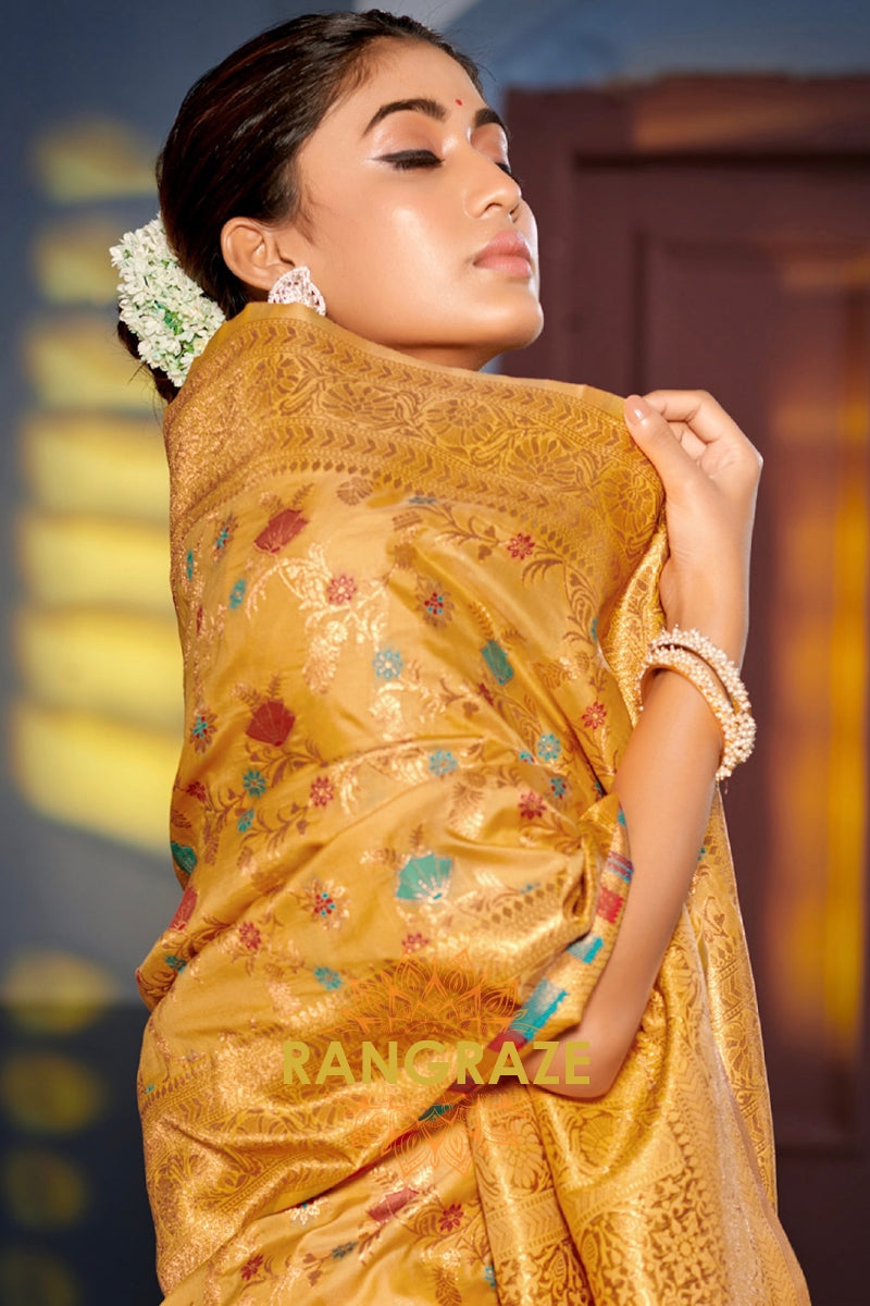 Enchanting Golden Yellow Festive Banarasi Silk Saree With Heavy Zari Work