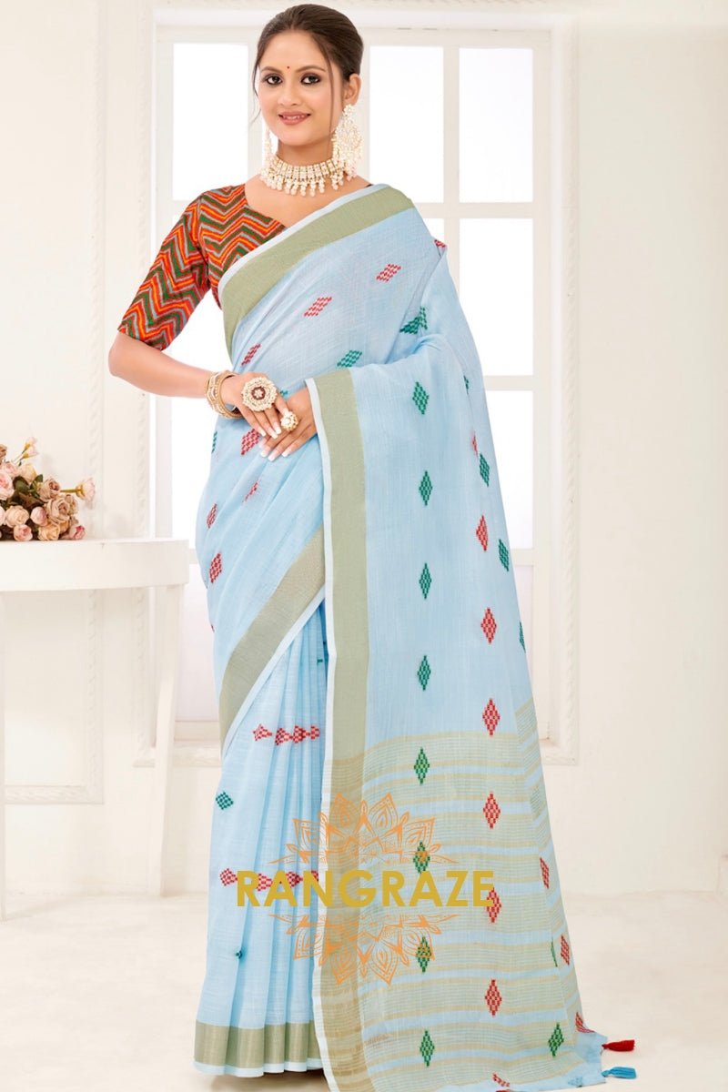 Sky Blue Classic Zari Work Pure Linen Saree