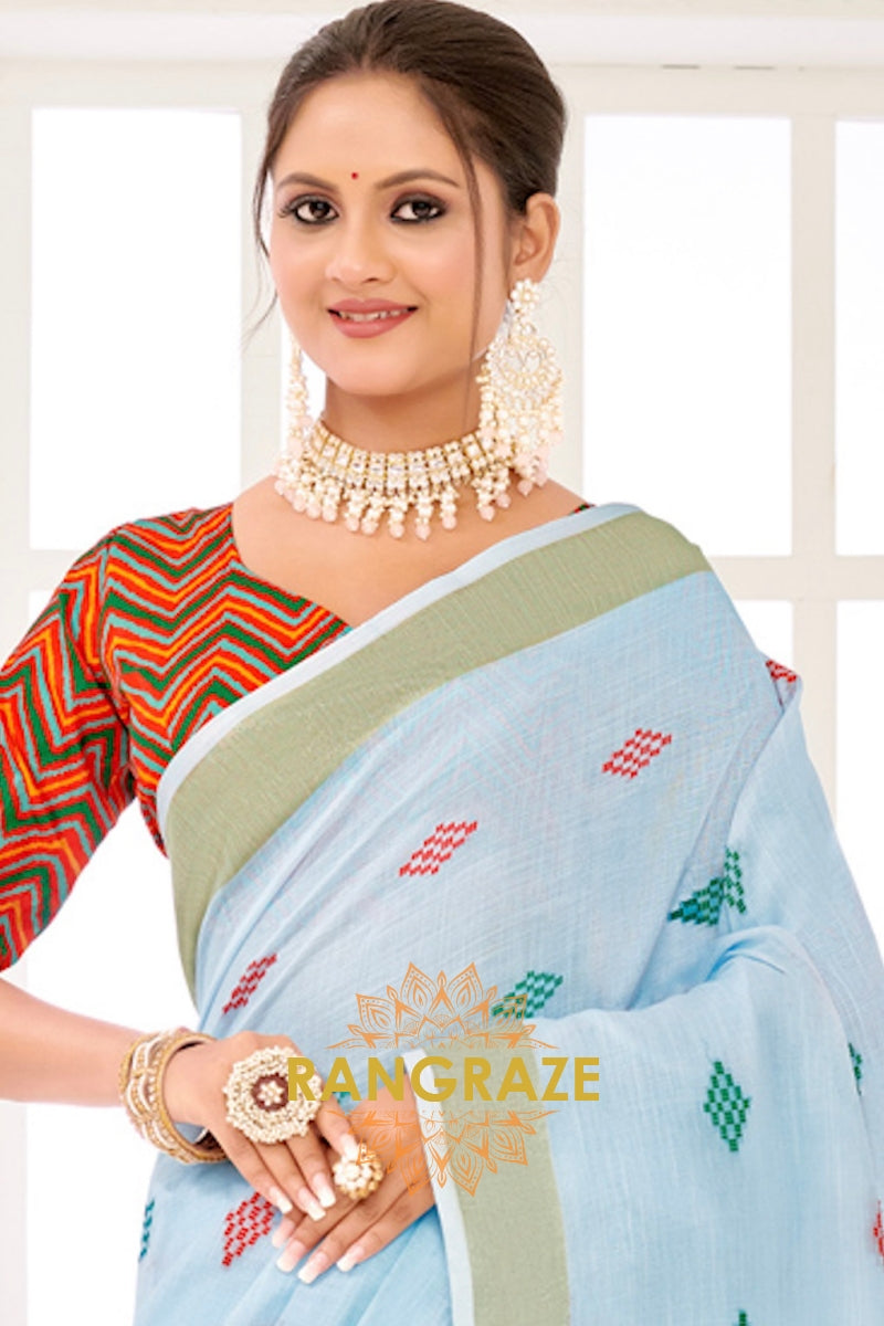 Sky Blue Classic Zari Work Pure Linen Saree