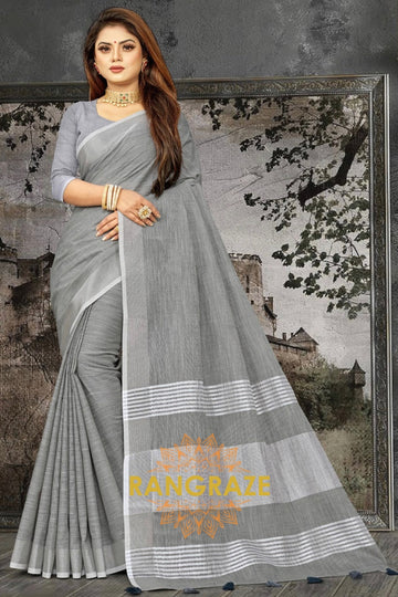 Metal Grey Majestic Linen With Woven Work Handloom Saree