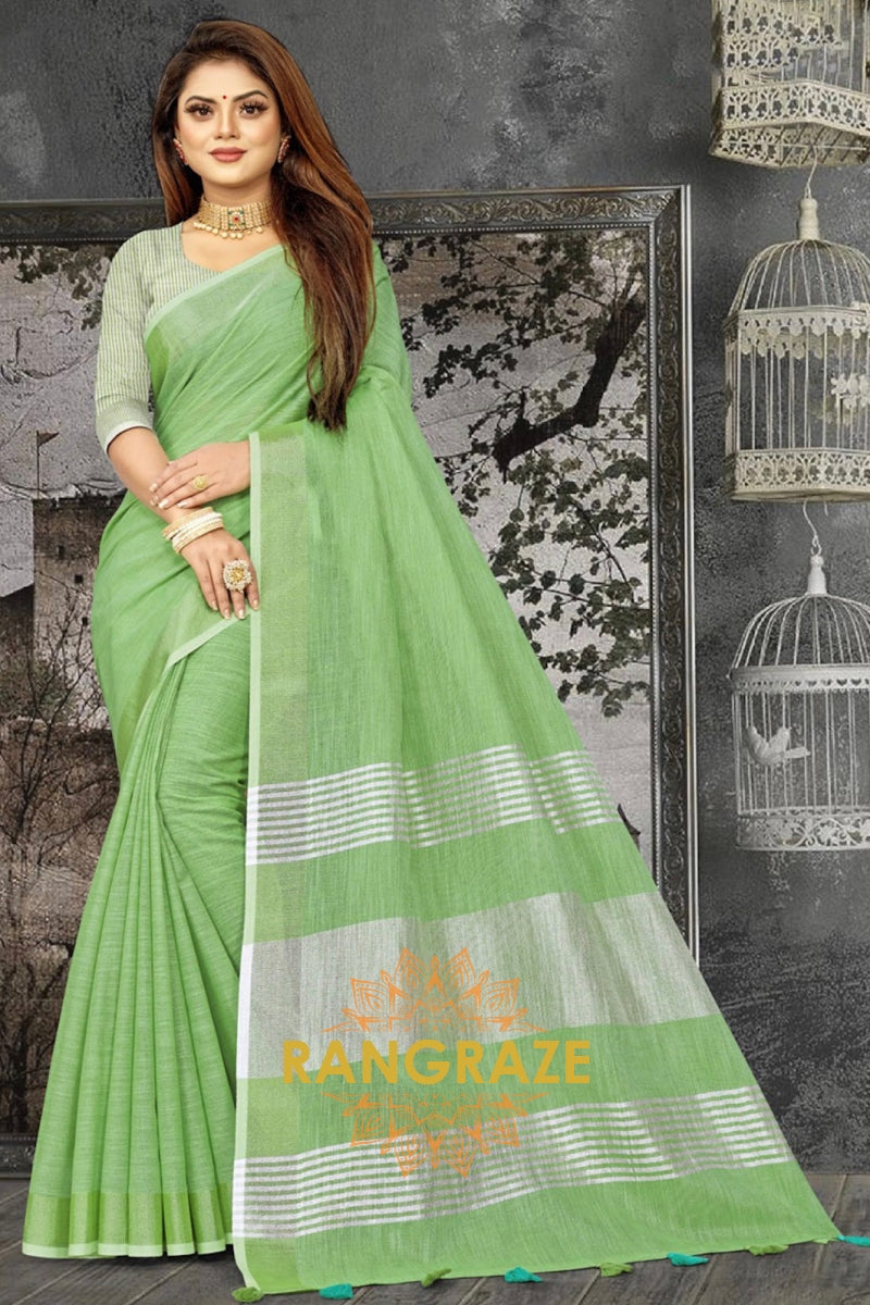 Parrot Green Majestic Linen With Woven Work Handloom Saree