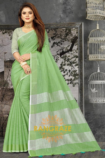 Parrot Green Majestic Linen With Woven Work Handloom Saree