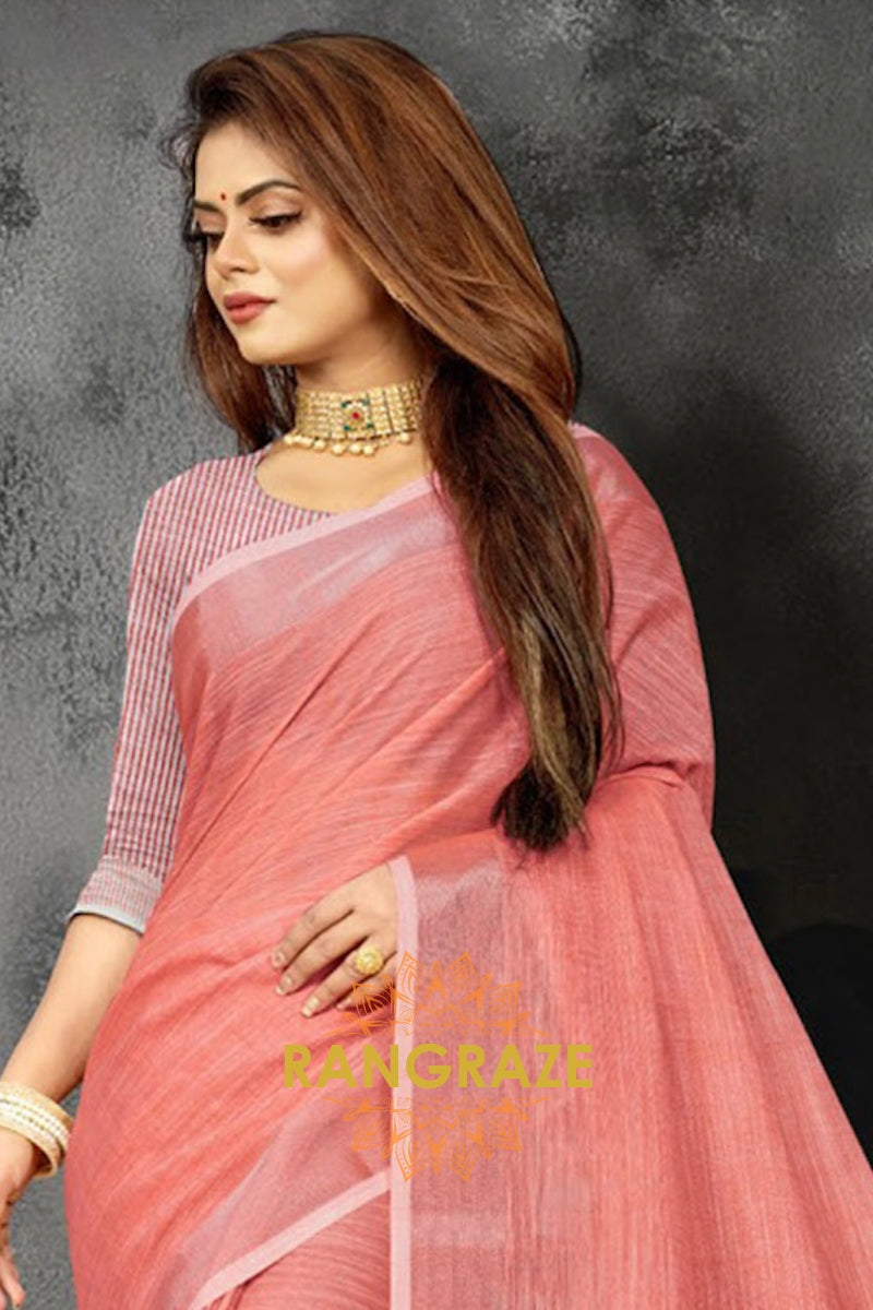 Peachy Pink Majestic Linen With Woven Work Handloom Saree