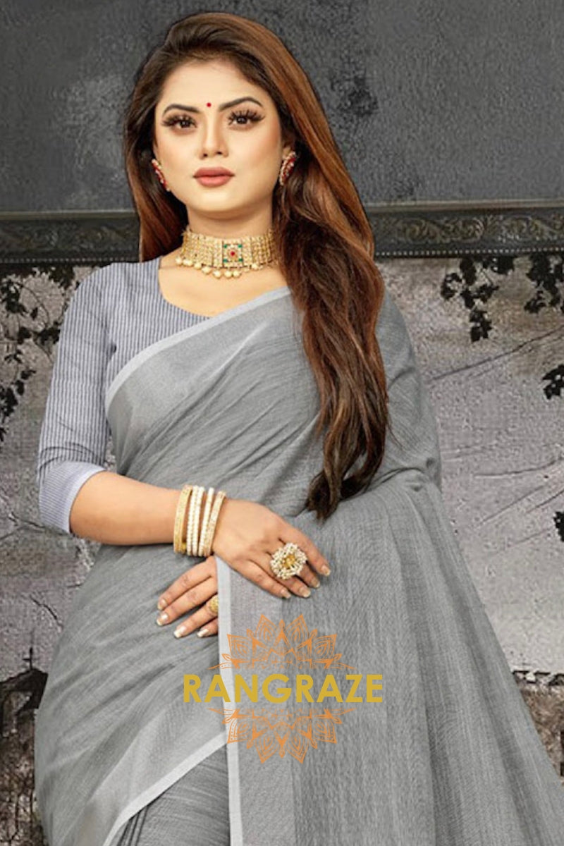 Metal Grey Majestic Linen With Woven Work Handloom Saree