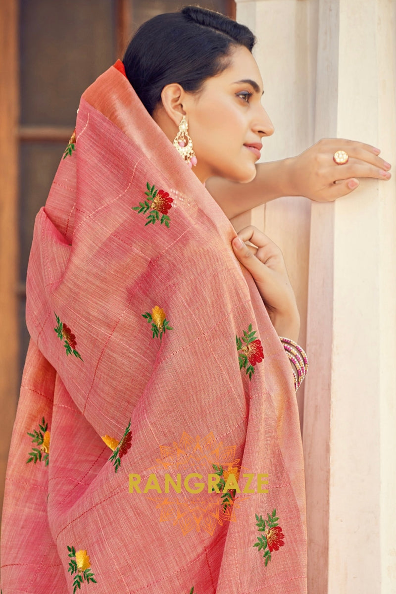 Noble Pink Pure Linen Golden Zari Work Woven Saree