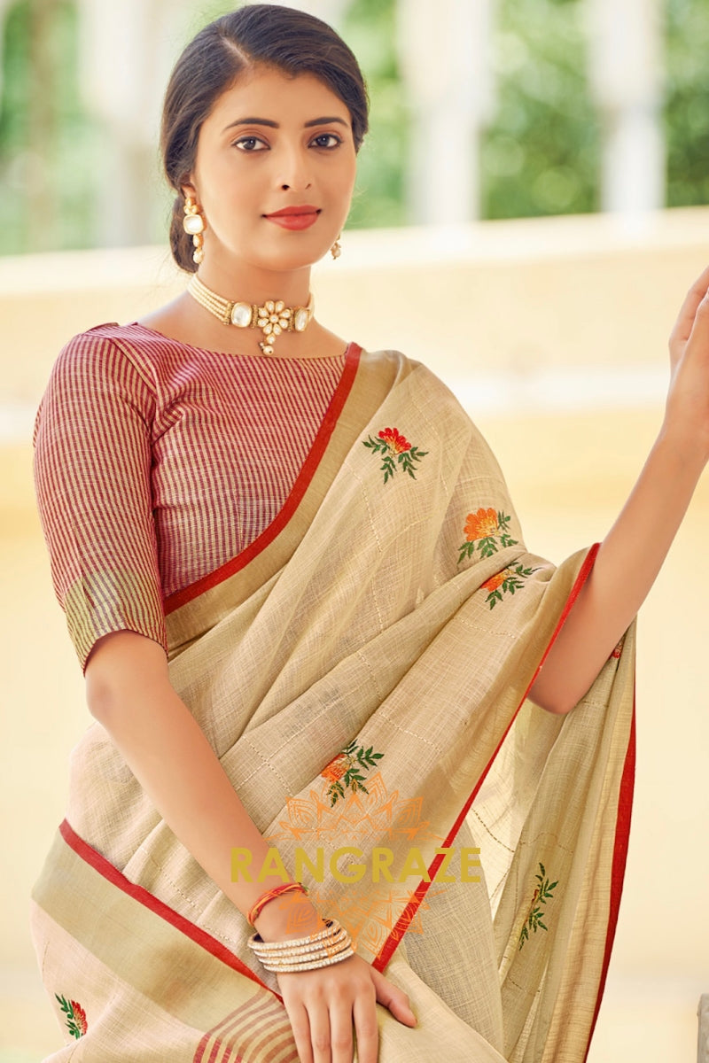 Ivory Beige Pure Linen Golden Zari Work Woven Saree