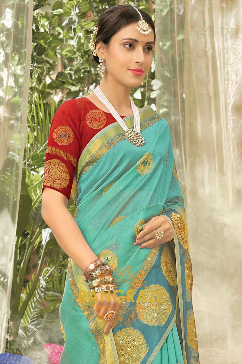 Turquoise Blue Ethnic Woven Zari Work Organza Saree