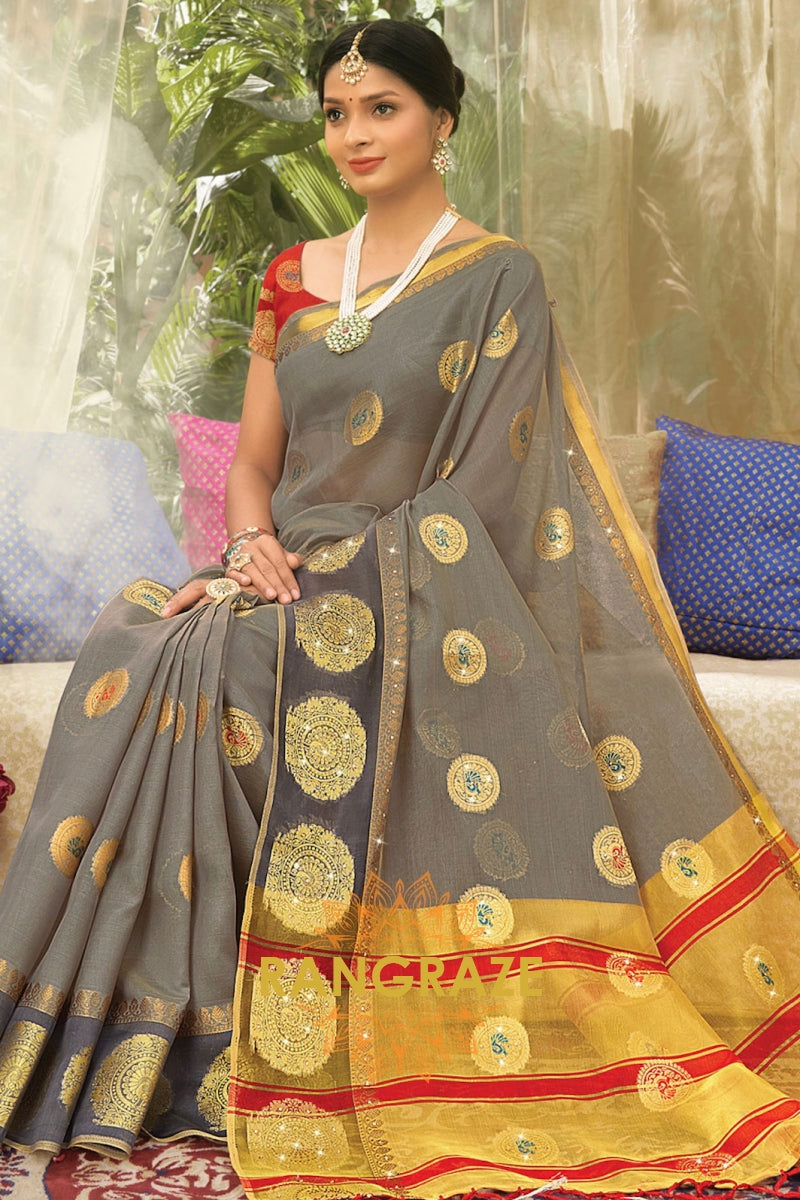 Golden Grey Ethnic Woven Zari Work Organza Saree