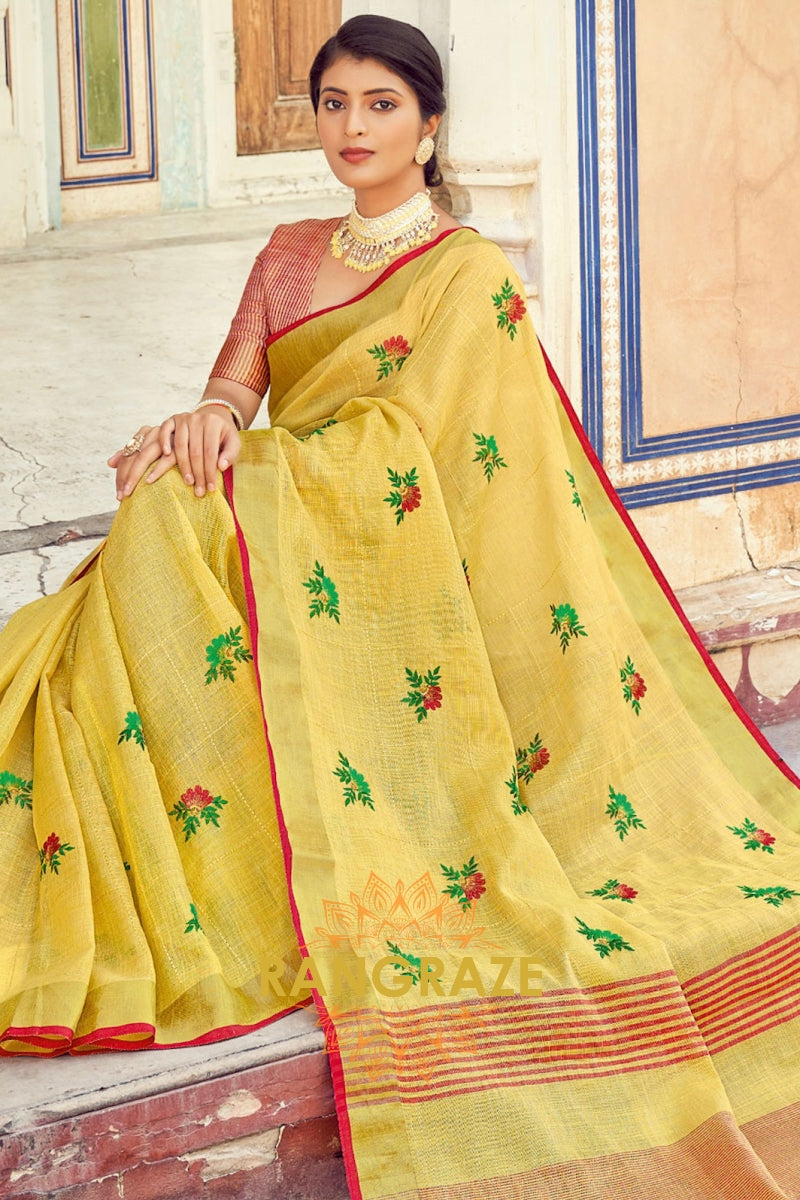 Magnetic Yellow Pure Linen Golden Zari Work Woven Saree