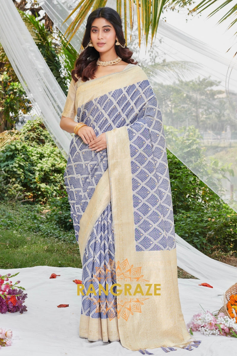 Indigo Blue Golden Work Pure Cotton Saree