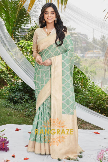 Parrot Green Golden Work Pure Cotton Saree