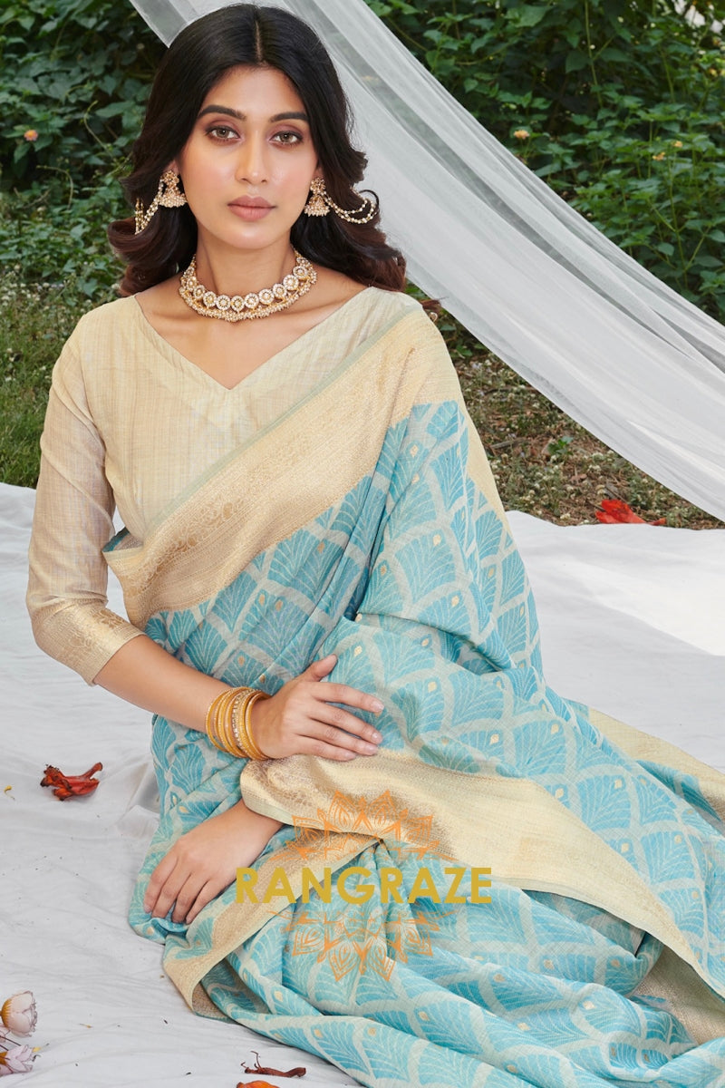 Azure Blue Golden Work Pure Cotton Saree