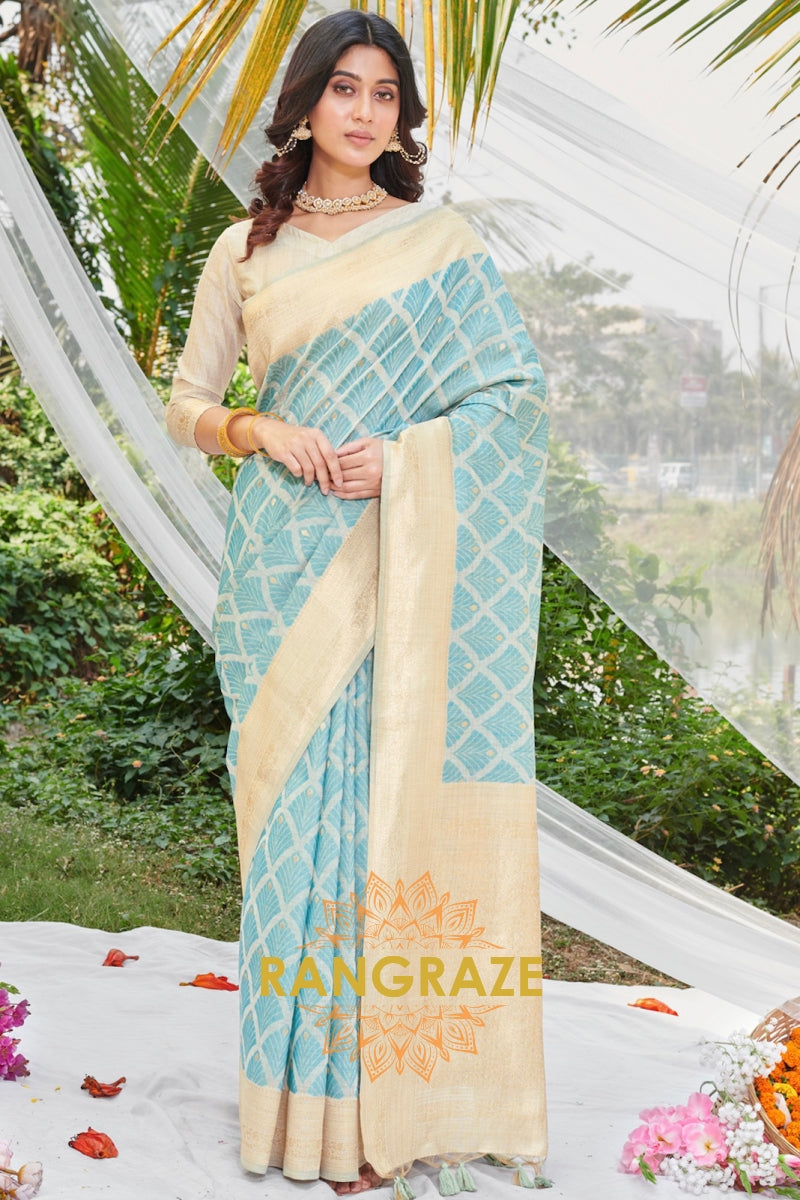 Azure Blue Golden Work Pure Cotton Saree