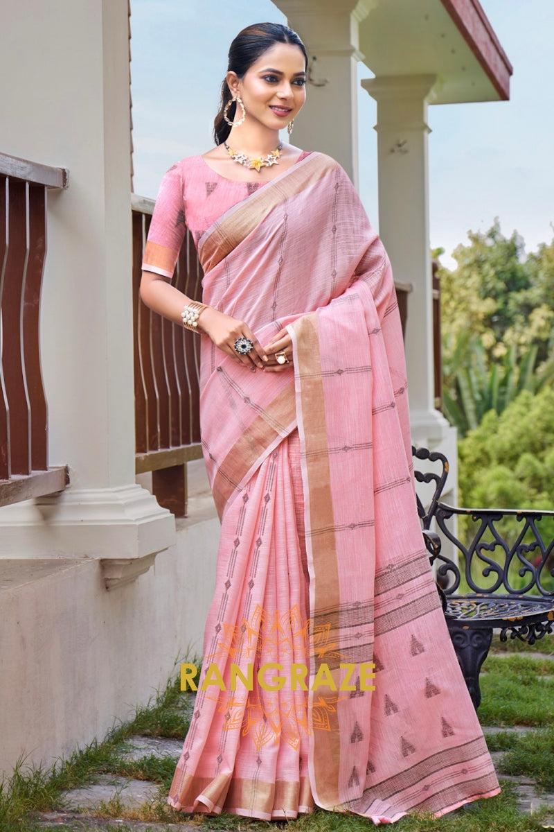 Pink Woven Zari Border Linen Saree