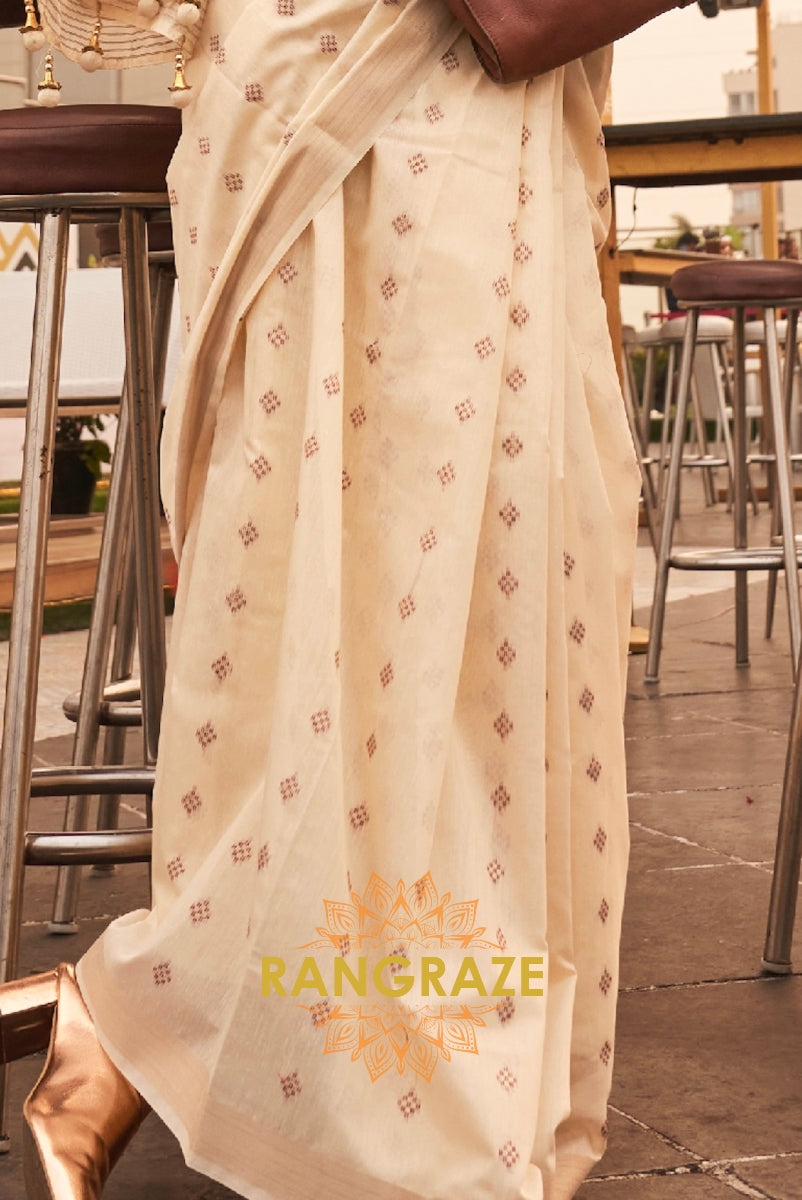 Beige White Zari Woven Banarasi Cotton Saree