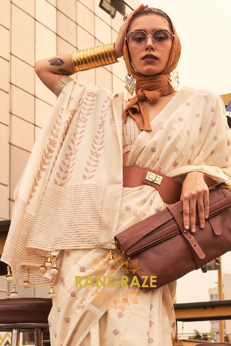 Beige White Zari Woven Banarasi Cotton Saree
