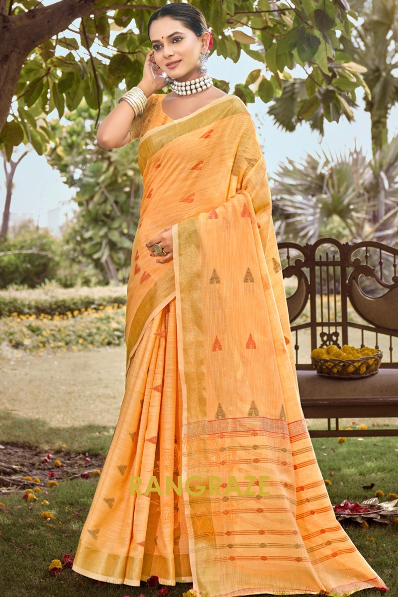 Yellow Woven Zari Border Pallu Linen Saree