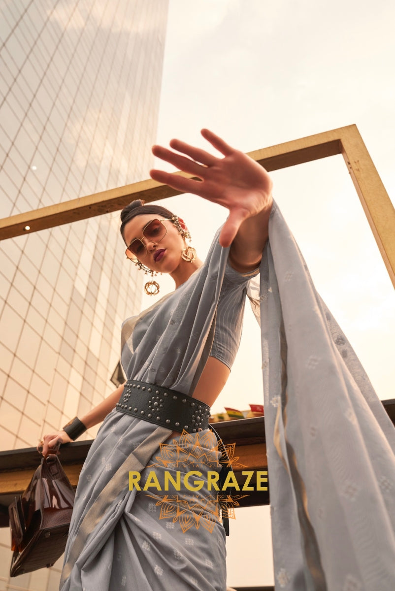 Metal Grey White Zari Woven Banarasi Cotton Saree