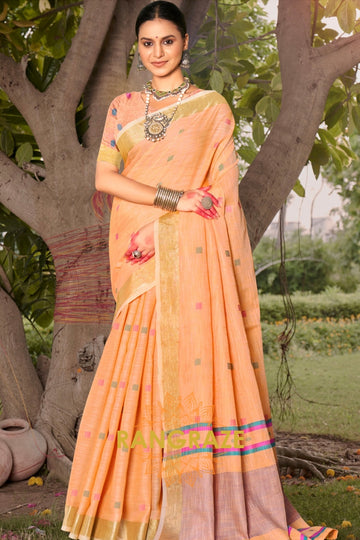 Orange Contrast Border Woven Linen Saree