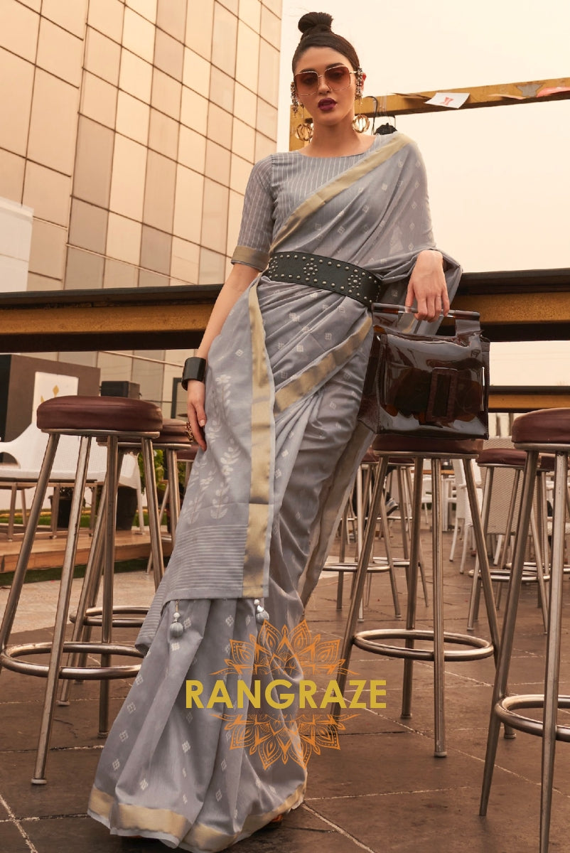 Metal Grey White Zari Woven Banarasi Cotton Saree