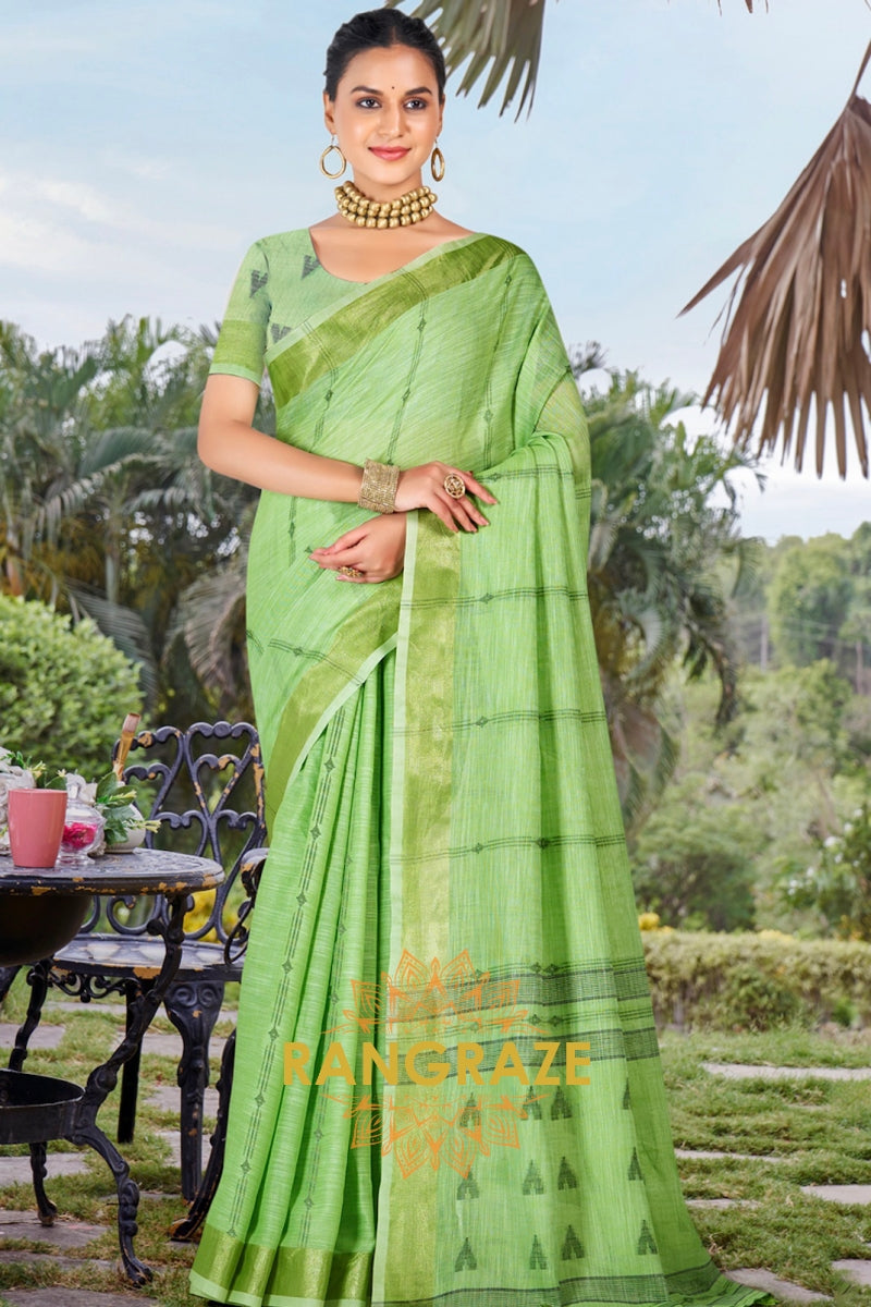 Green Woven Zari Border Linen Saree