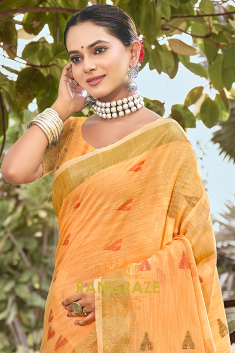 Yellow Woven Zari Border Pallu Linen Saree