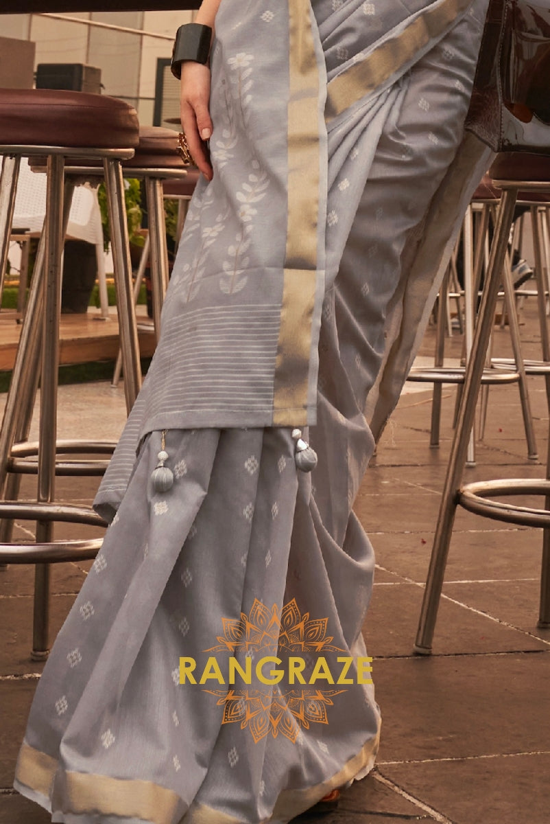 Metal Grey White Zari Woven Banarasi Cotton Saree