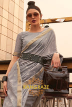 Metal Grey White Zari Woven Banarasi Cotton Saree