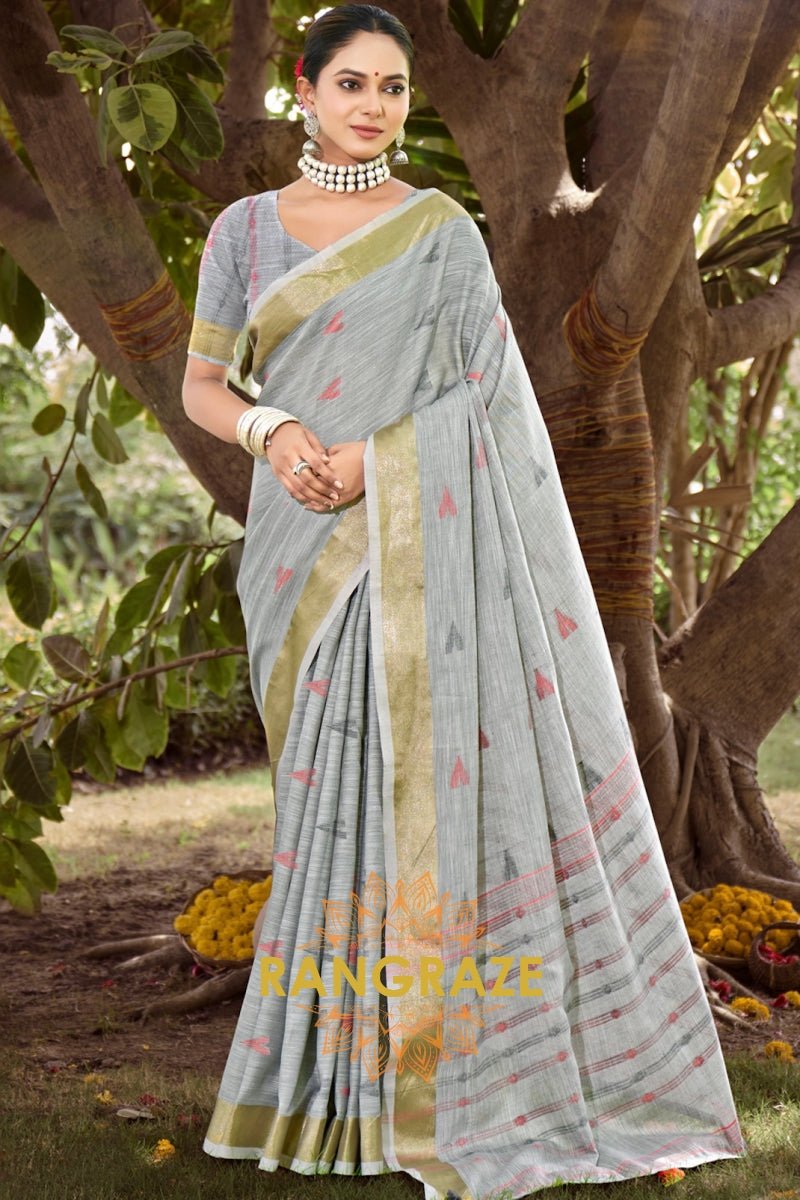 Grey Woven Zari Border Pallu Linen Saree