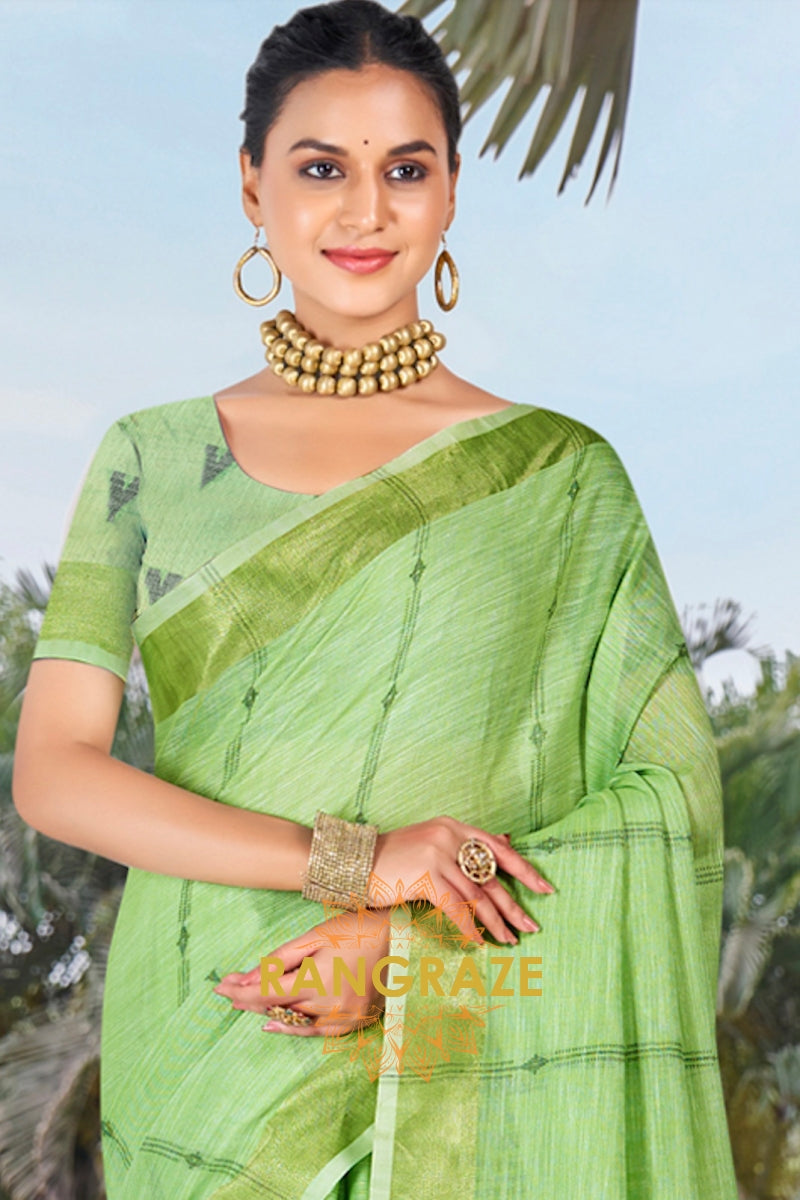 Green Woven Zari Border Linen Saree