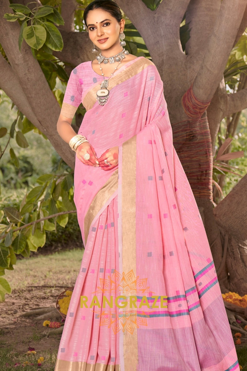 Pink Contrast Border Woven Linen Saree