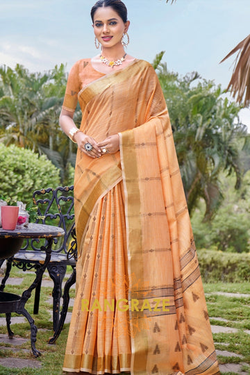 Orange Woven Zari Border Linen Saree