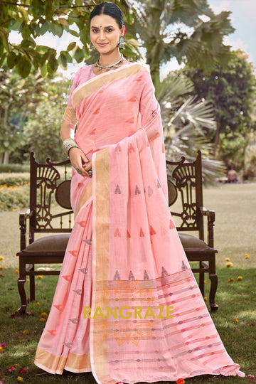 Pink Woven Zari Border Pallu Linen Saree