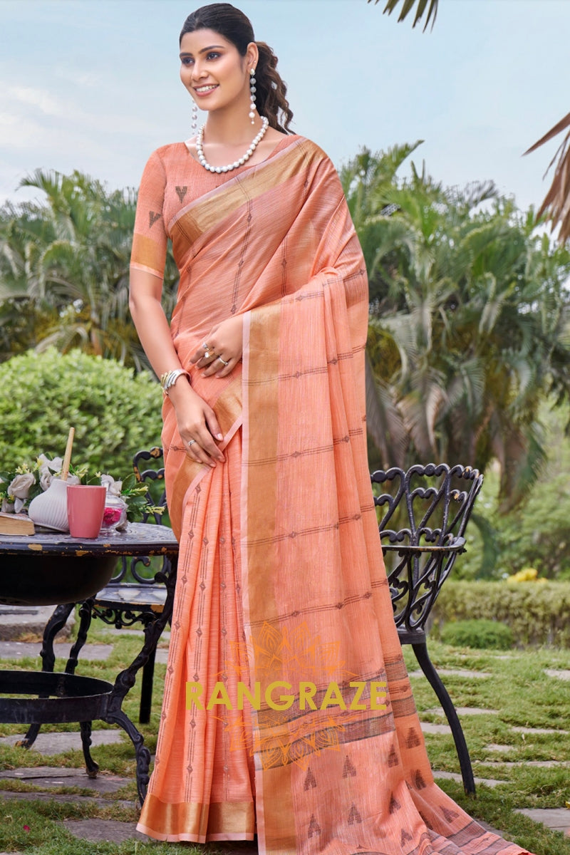 Peach Woven Zari Border Linen Saree