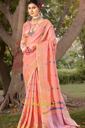 Peach Contrast Border Woven Linen Saree