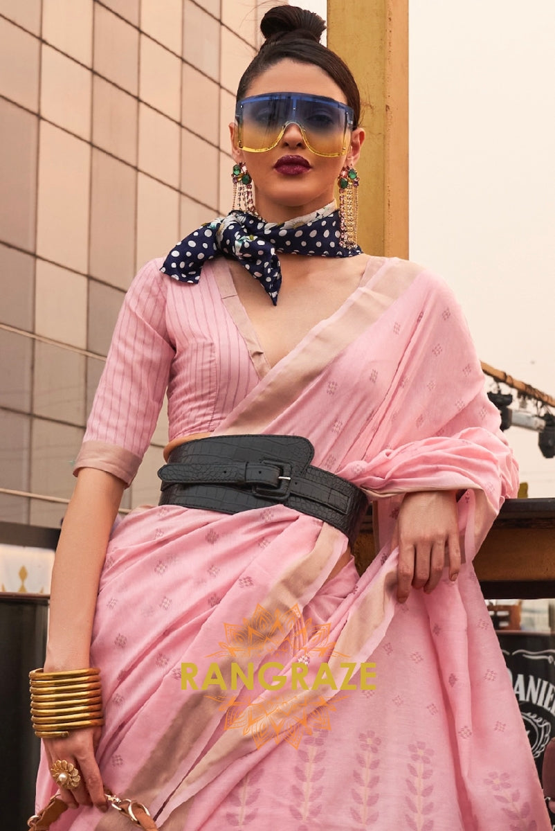 Pink White Zari Woven Banarasi Cotton Saree
