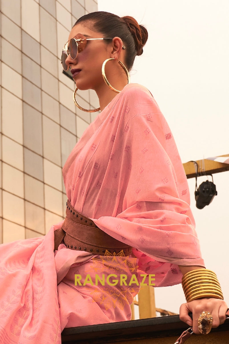 Peach White Zari Woven Banarasi Cotton Saree