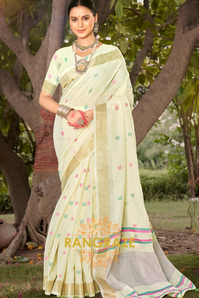 Beige Contrast Border Woven Linen Saree