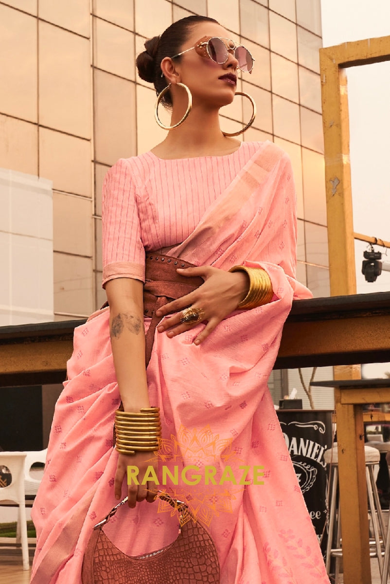 Peach White Zari Woven Banarasi Cotton Saree