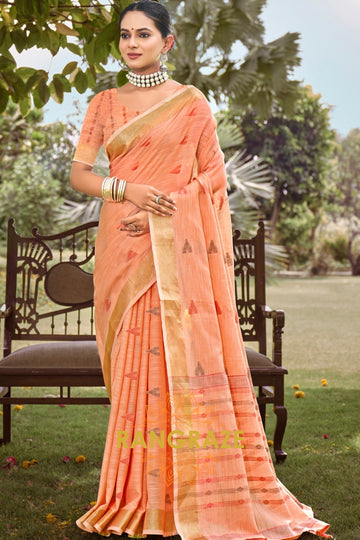 Orange Woven Zari Border Pallu Linen Saree