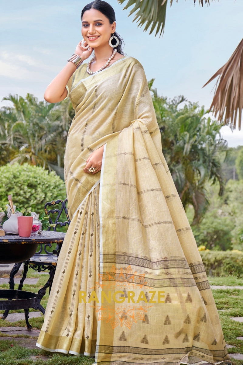 Beige Woven Zari Border Linen Saree