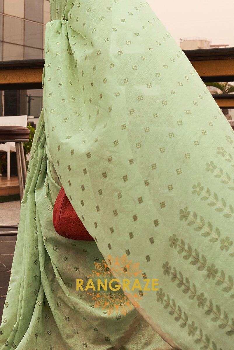 Sea Green White Zari Woven Banarasi Cotton Saree